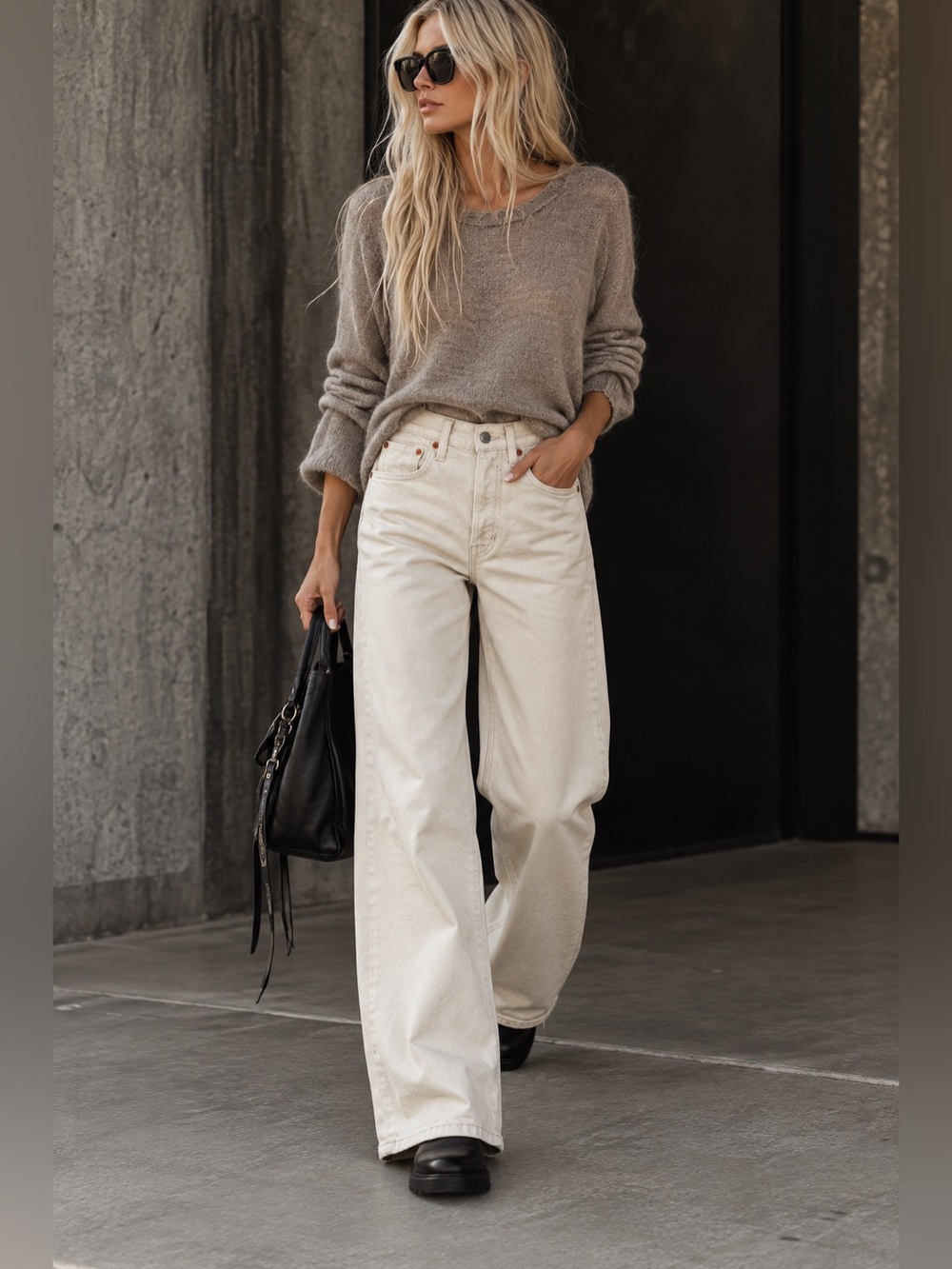 RE/DONE High Rise Wide Leg Jeans Pebble Cream Size 23